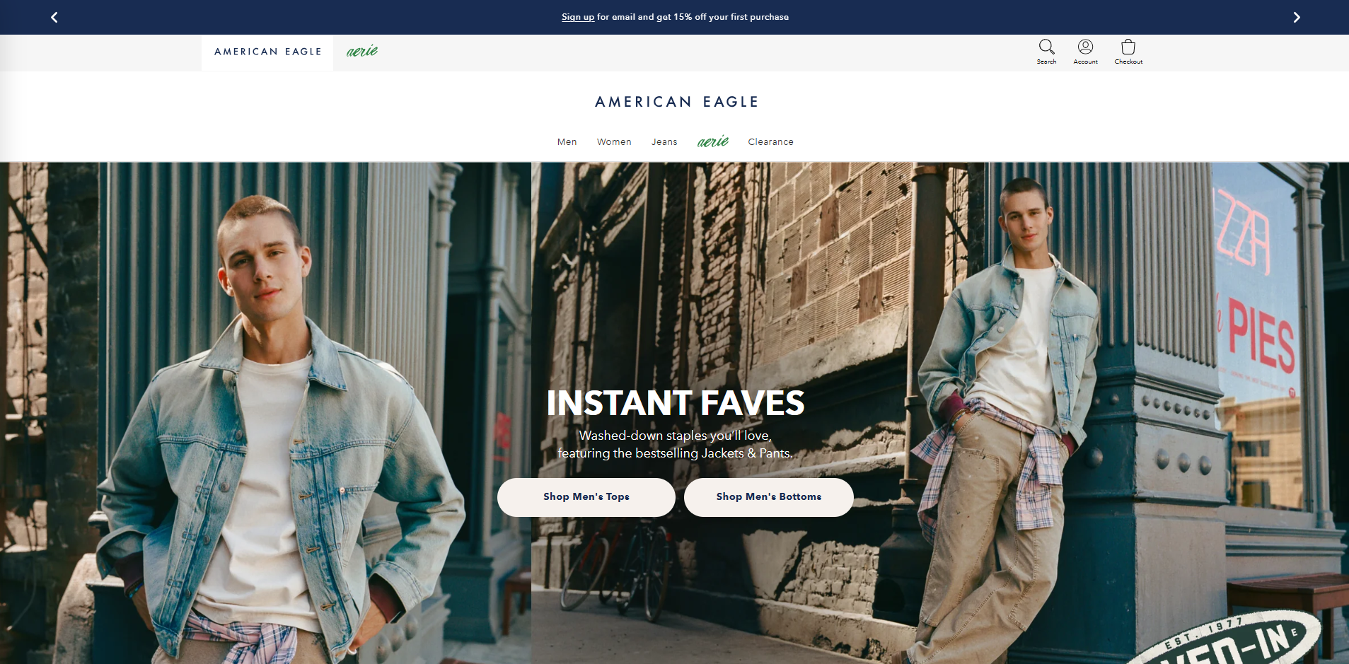 American Eagle APAC homepage, showing the men's Instant Faves hero banner and the American Eagle / Aerie brand switcher in the top bar