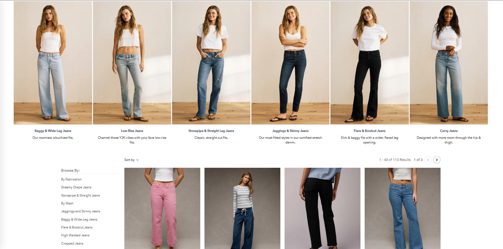 Jeans collection landing page with fit categories, sidebar filters and colour swatches
