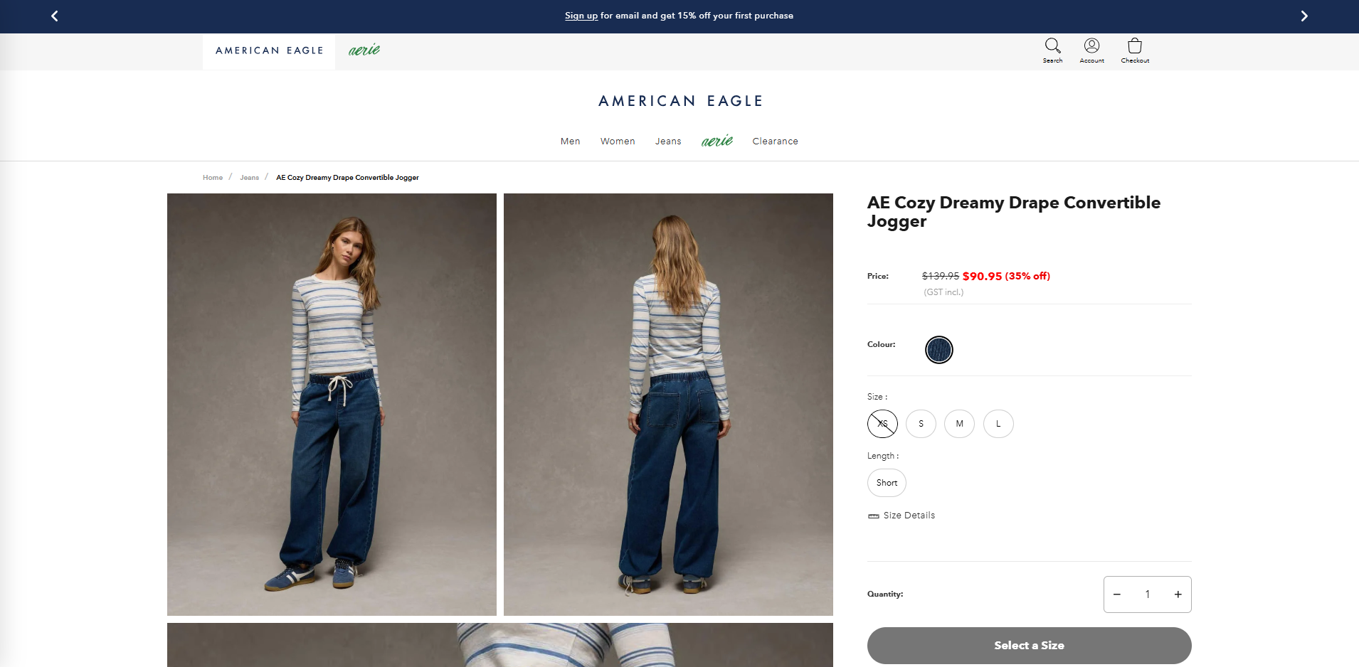 Product page for the AE Cozy Dreamy Drape Convertible Jogger, priced in AUD with the American Eagle / Aerie brand switcher visible above the main nav