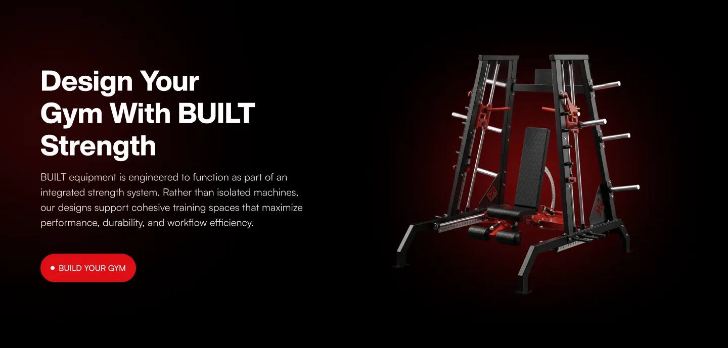 Design Your Gym With BUILT Strength page hero, with a Build your gym button beside a red and black rack