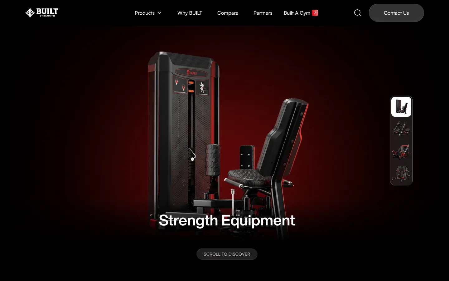Built Strength homepage hero: a black strength machine lit by a red glow on a near-black page, with the heading Strength Equipment and a vertical row of product thumbnails