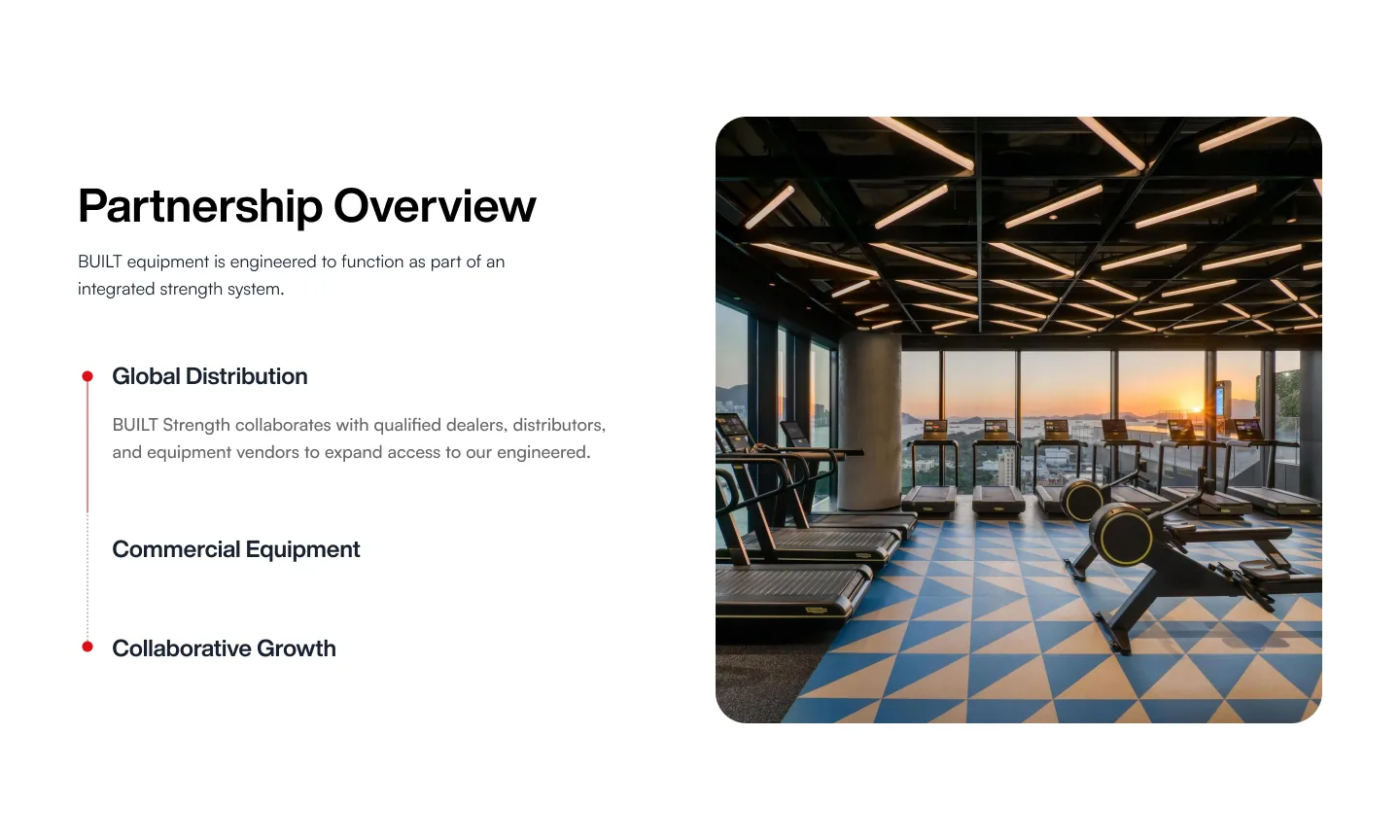 Partnership Overview section: a list of three steps, Global Distribution, Commercial Equipment and Collaborative Growth, beside a sticky photo of a gym