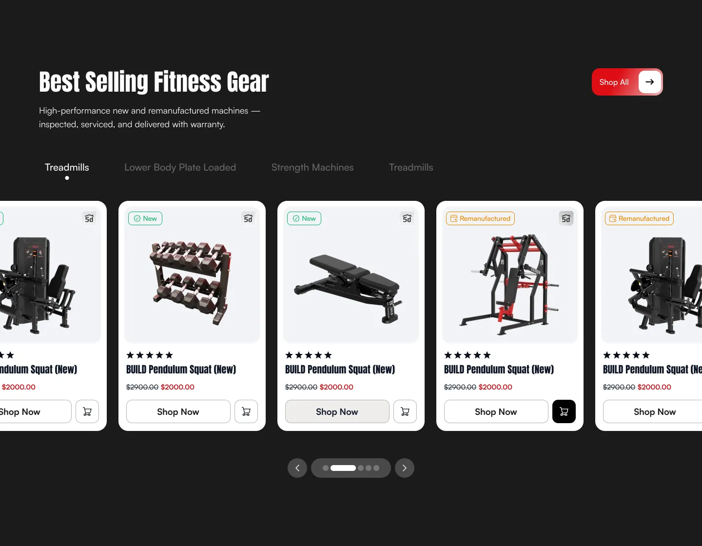 Best Selling Fitness Gear section: category tabs above a carousel of product cards with New and Remanufactured badges, ratings, prices and Shop now buttons