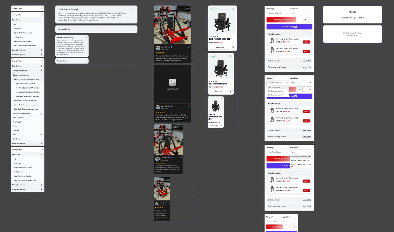 Component board from the Figma style guide: mega menu states, FAQ accordions, review cards, product cards and the product purchase box with warranty and installation options, each drawn in several variants