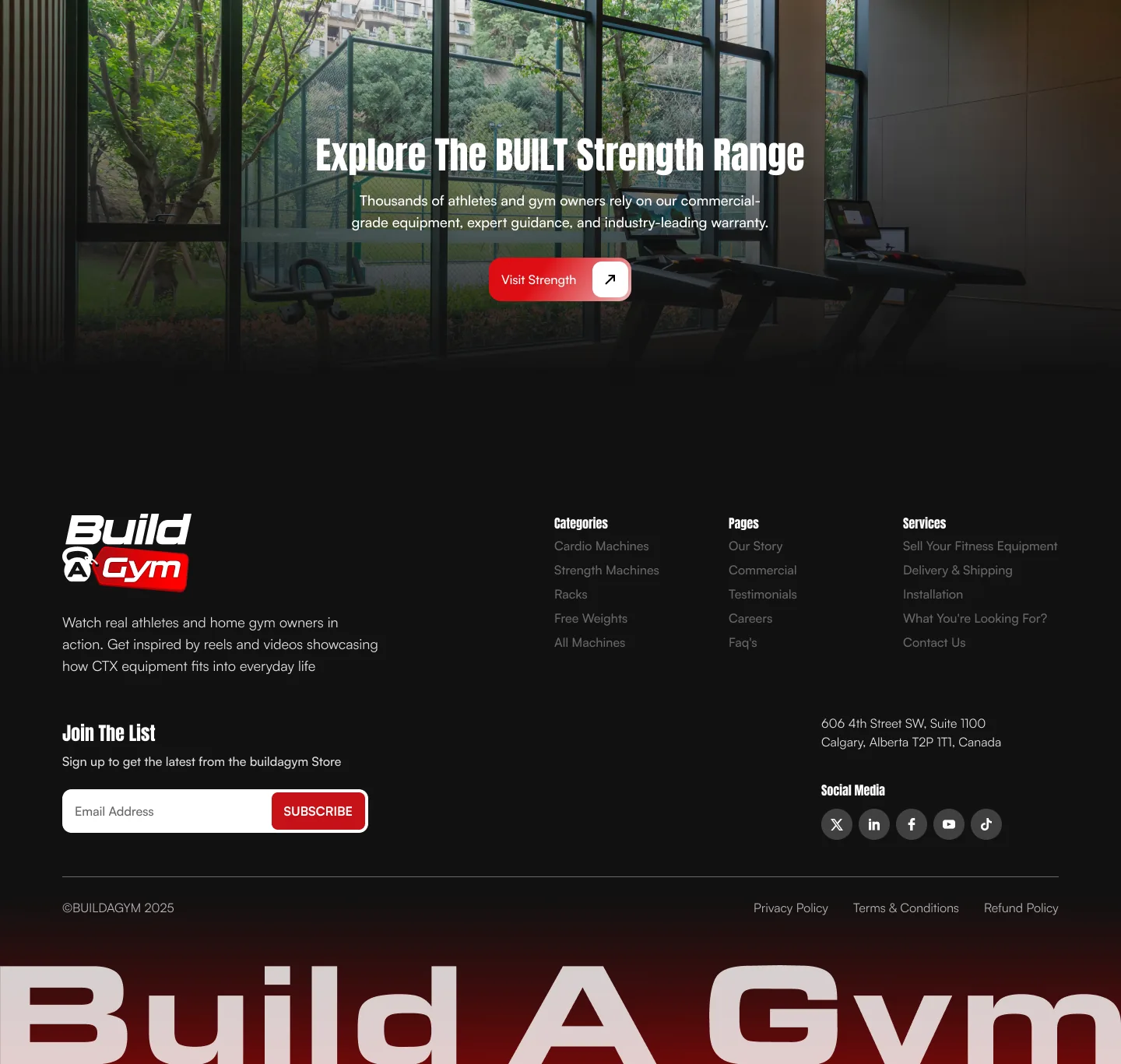 Footer design for the Build A Gym storefront: a call to explore the BUILT Strength range over a gym photo, then link columns, a newsletter sign-up and a large Build A Gym wordmark on a red gradient