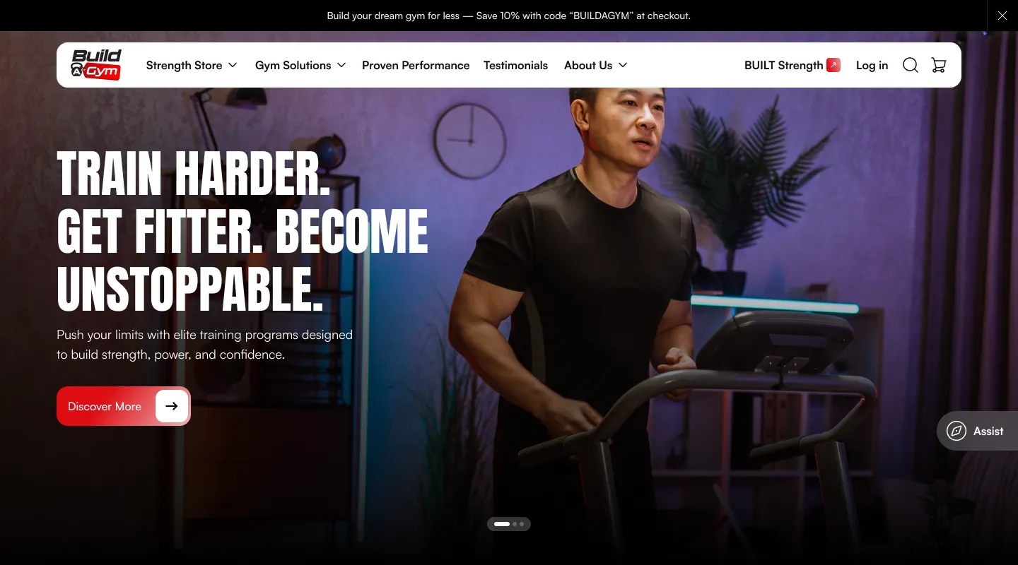 Homepage hero from the Figma design: an announcement bar and floating navigation over a photo of a man on a treadmill, with the headline Train harder. Get fitter. Become unstoppable.