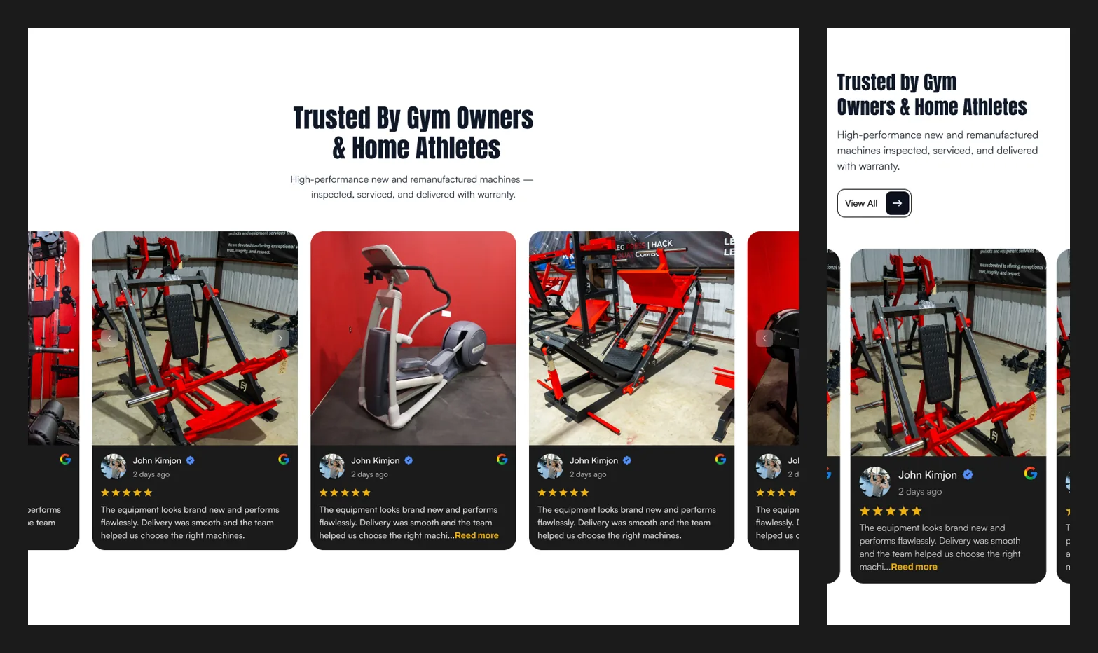 The testimonials carousel as designed for desktop and for mobile: on desktop a centred heading above a row of review cards with photos, on mobile a left-aligned heading with a View all button above a single card