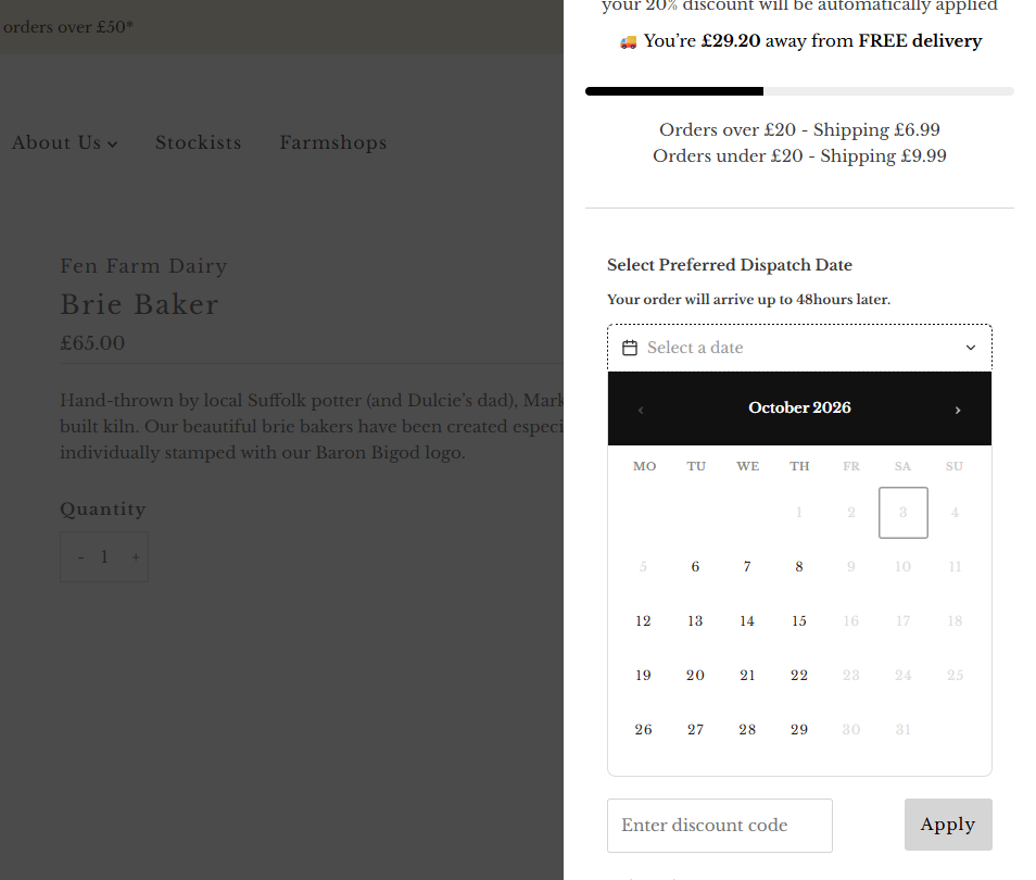 Fen Farm Dairy cart drawer open over a product page, showing the Select Preferred Dispatch Date calendar for October 2026 with Monday to Thursday dates selectable and Friday to Sunday greyed out