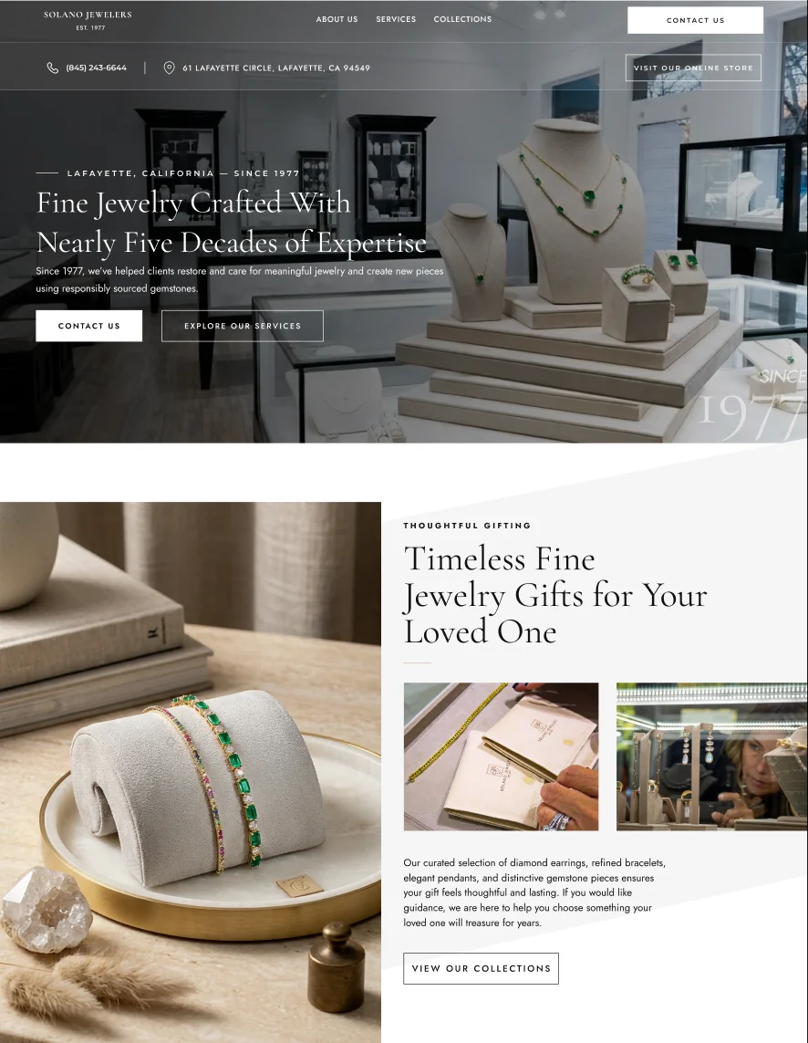Solano Jewelers brand homepage: a hero over the store interior reading Fine Jewelry Crafted With Nearly Five Decades of Expertise, followed by a Timeless Fine Jewelry Gifts section