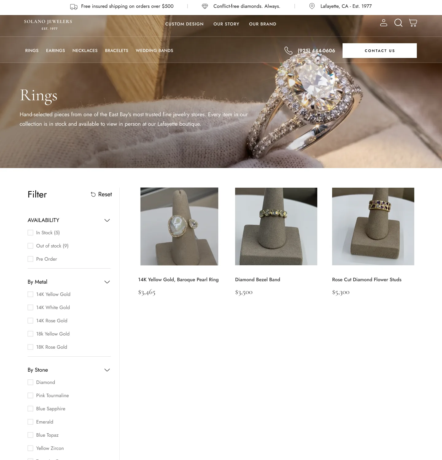 Rings collection page in the shop: a banner with a diamond ring, then a filter column for availability, metal and stone beside a grid of ring products with prices