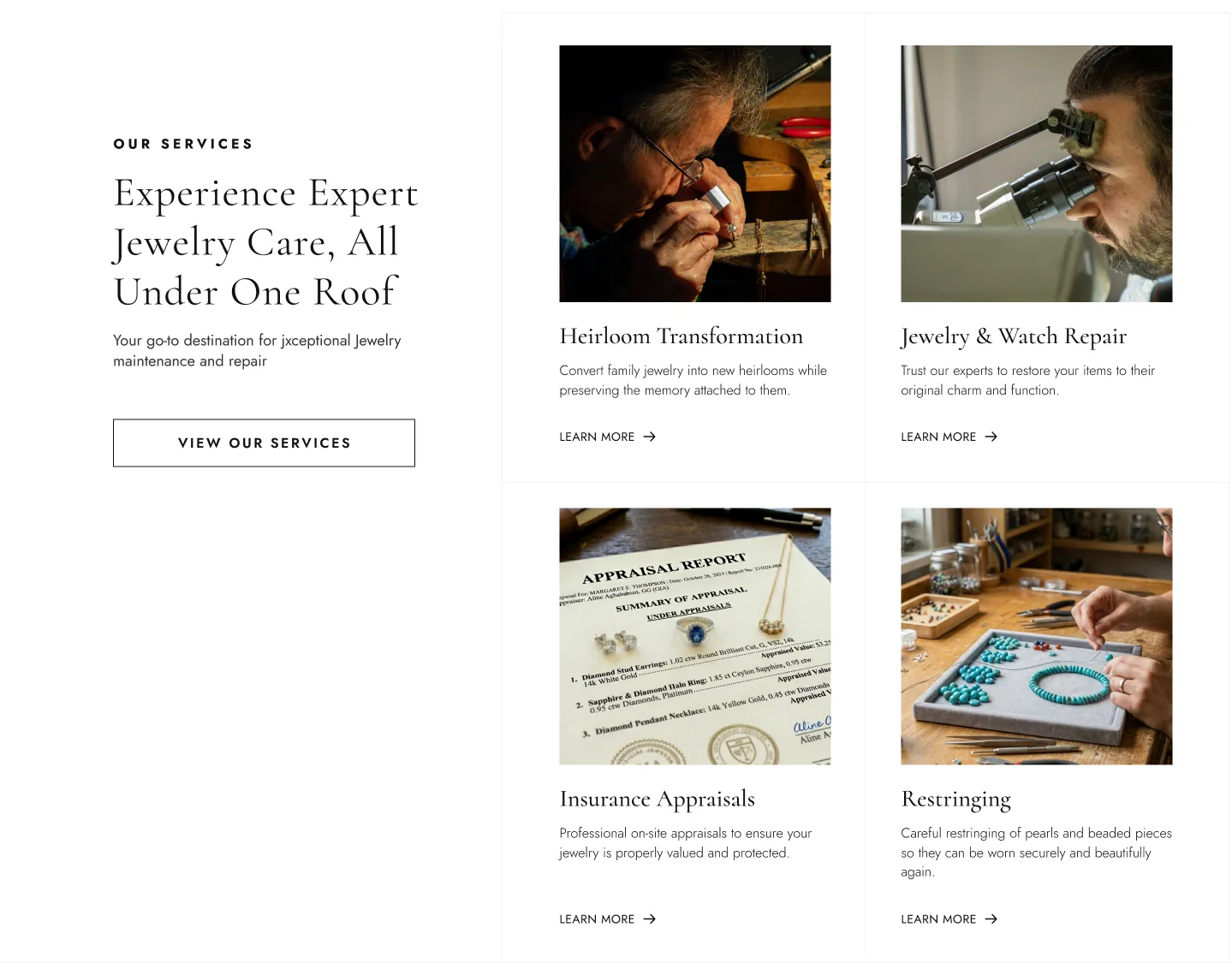 Jewelry services section: the heading Experience Expert Jewelry Care, All Under One Roof beside four service cards for heirloom transformation, jewelry and watch repair, insurance appraisals and restringing