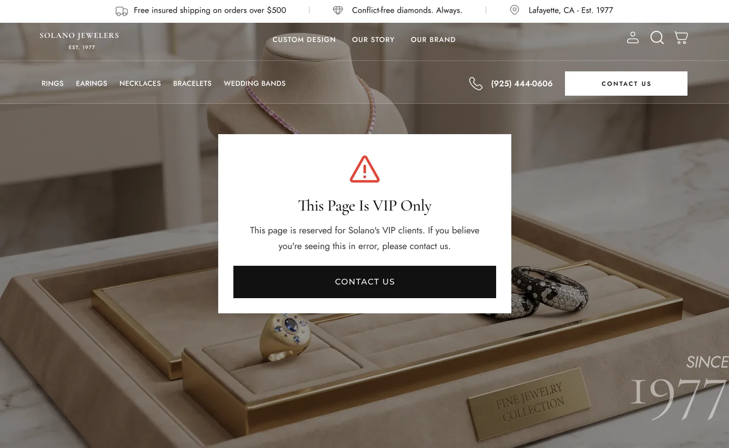 Restricted access state of the Luxury Edit: a message over the hero reading This Page Is VIP Only, with a Contact us button