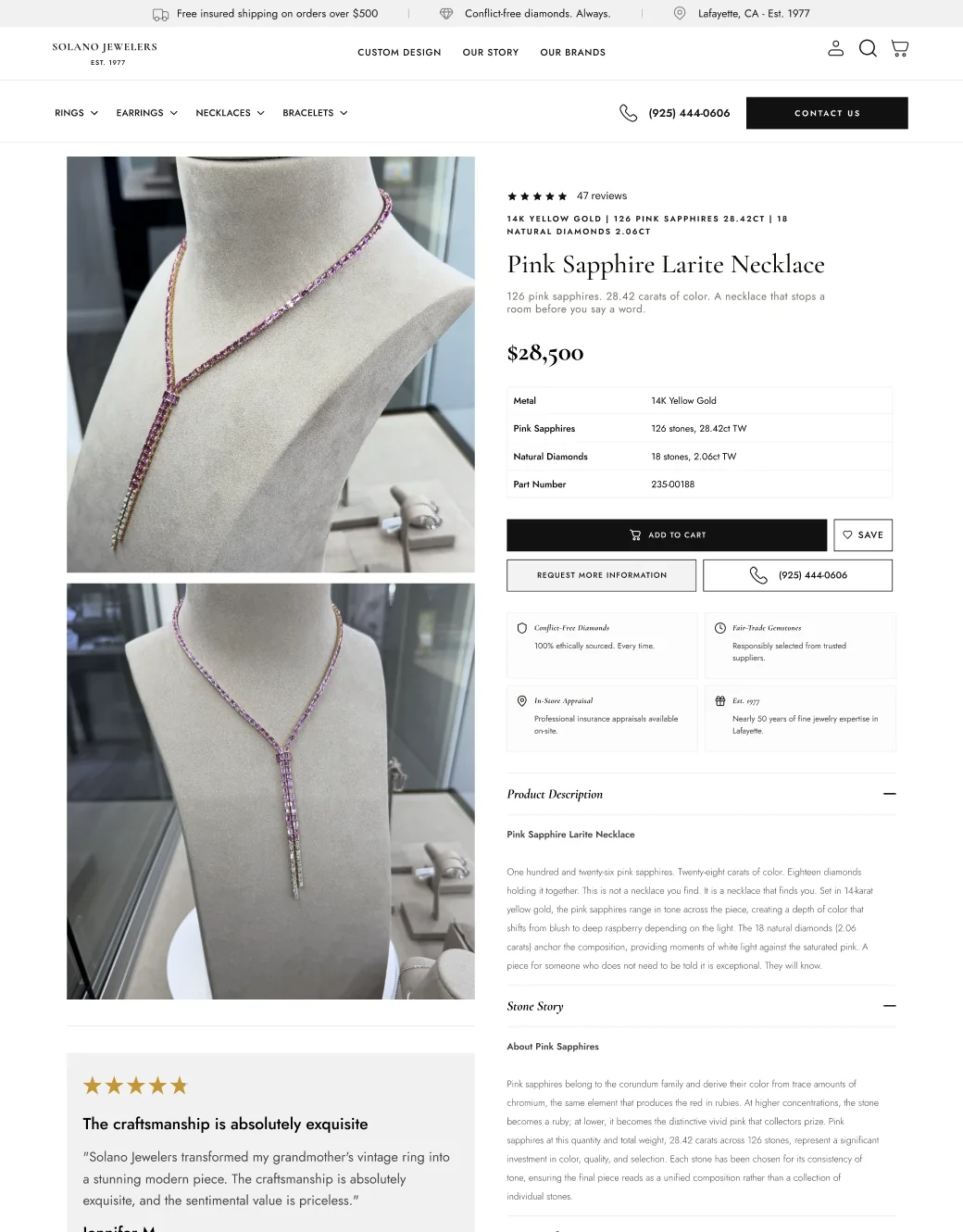Luxury product page for a pink sapphire lariat necklace priced at $28,500: a two-image gallery beside the specifications, add to cart and request more information buttons, trust points and expandable description and Stone Story sections